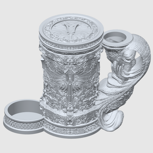 3D-printet hvitt Cleric eventyrkrus med hellig symbolikk, skrulokk og integrert dice tower til D&D og tabletop-rollespill.