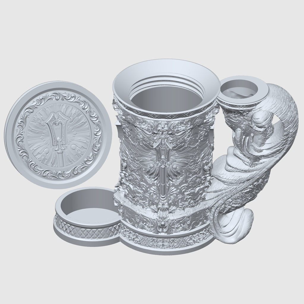 3D-printet hvitt Cleric eventyrkrus med hellig symbolikk, skrulokk og integrert dice tower til D&D og tabletop-rollespill.