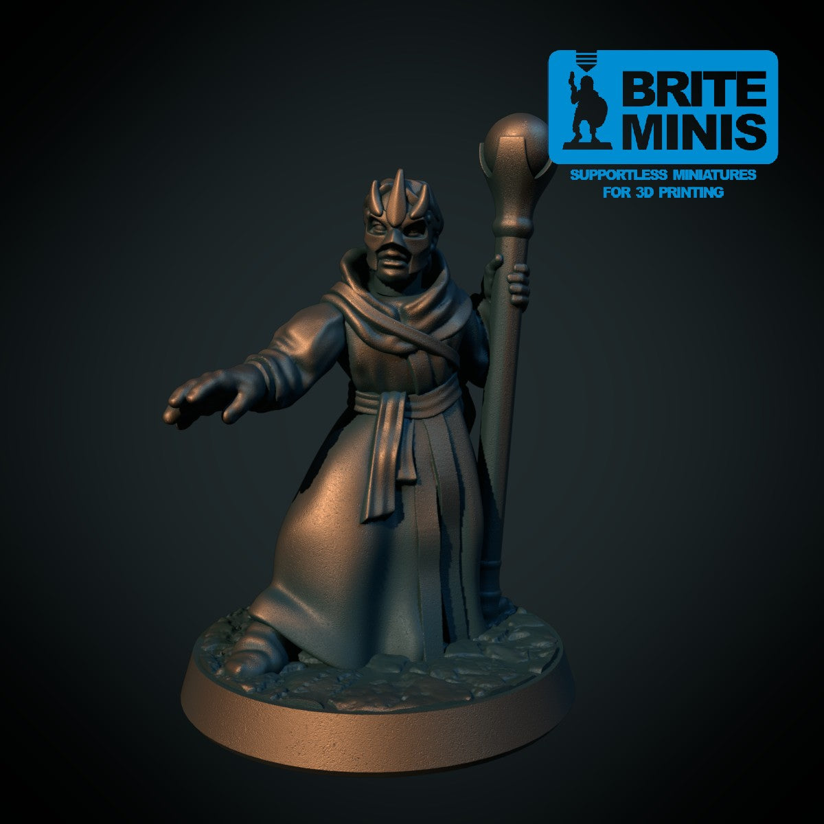 Kultist med stav – 3D-printet miniatyr i grå PLA, umalt, til D&D og Pathfinder
