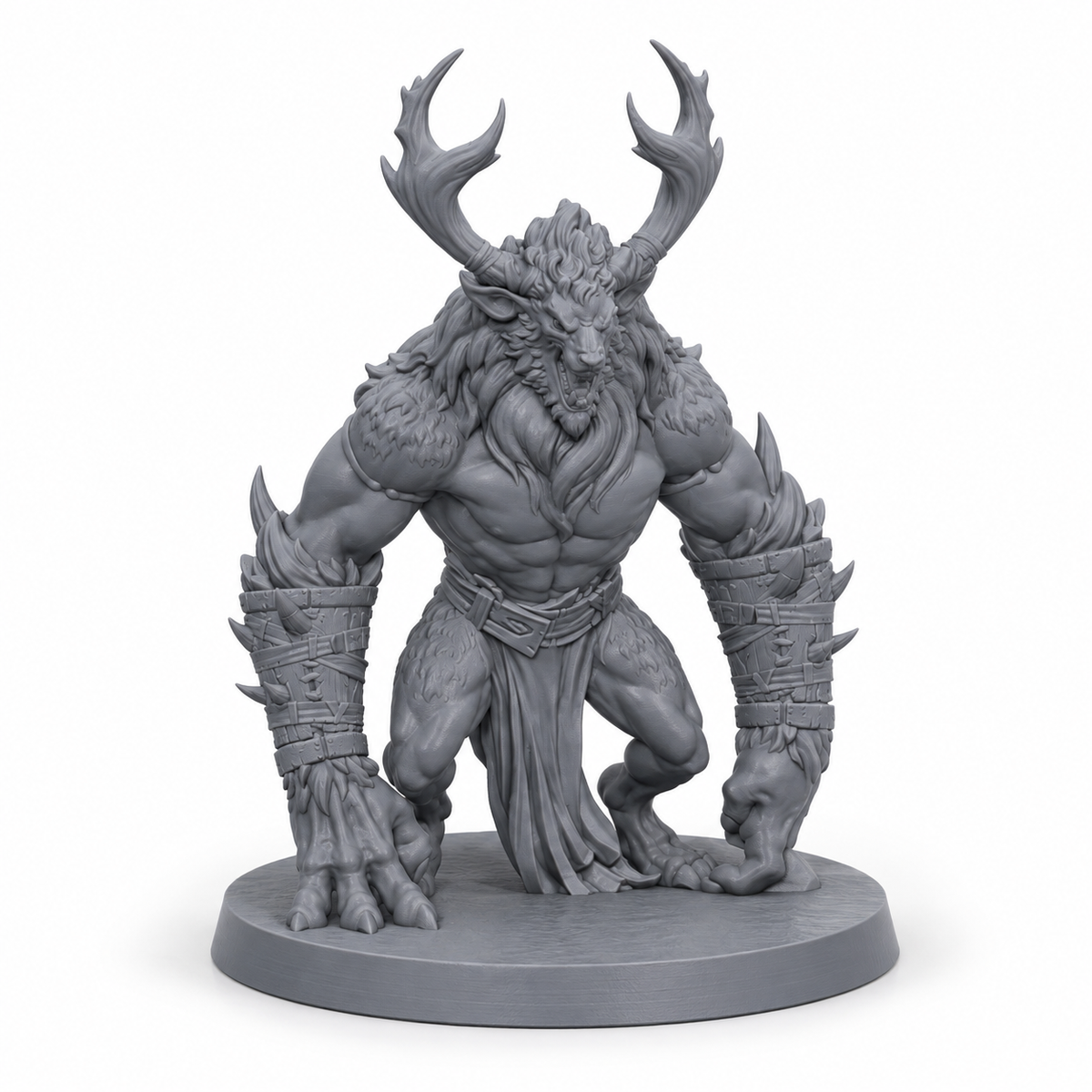 3D-printet forbannet vær-beist med horn, klør og muskuløs kropp i grå PLA til D&D og Pathfinder.
