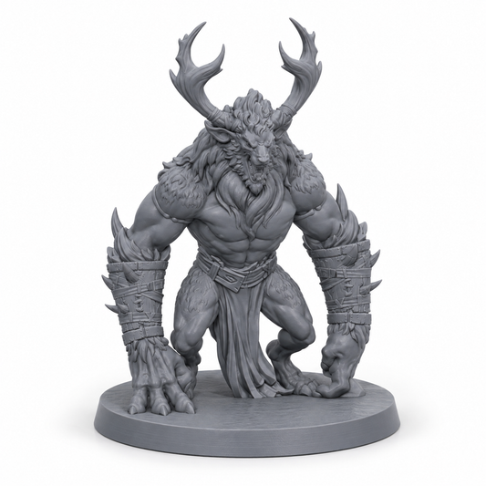 3D-printet forbannet vær-beist med horn, klør og muskuløs kropp i grå PLA til D&D og Pathfinder.