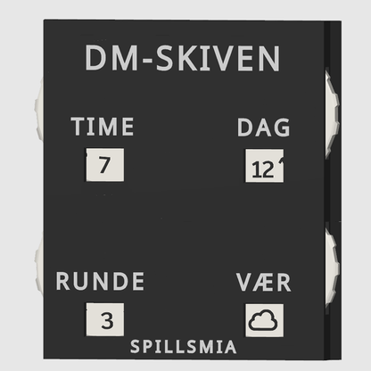 DM-skiven sett forfra – sporingshjul med visningsvinduer for TIME, DAG, RUNDE og VÆR