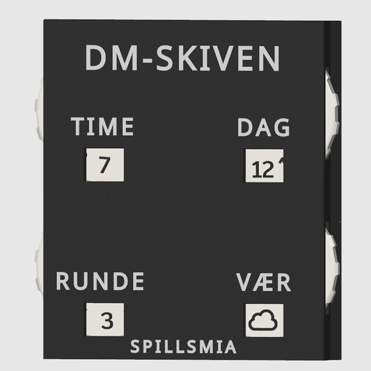 DM-skiven sett forfra – sporingshjul med visningsvinduer for TIME, DAG, RUNDE og VÆR