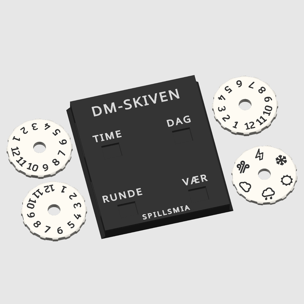 DM-skivens fire dreieskiver for time, dag, runde og vær vist separat, samt rammen med SPILLSMIA-logo