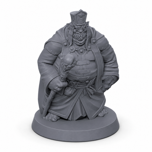 3D-printet demonisk prest med seremoniell stav, kappe, rustningsdetaljer og grotesk ansikt i grå PLA til D&D og tabletop-rollespill.