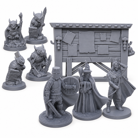 3D-printet Det første oppdraget encountersett med tre helter, fire kobolder og oppdragstavle i grå PLA til D&D og tabletop-rollespill.