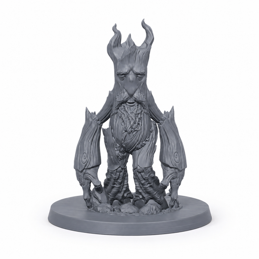 3D-printet Doran – Elder Treefolk trevokter i grå PLA til D&D og tabletop-rollespill.