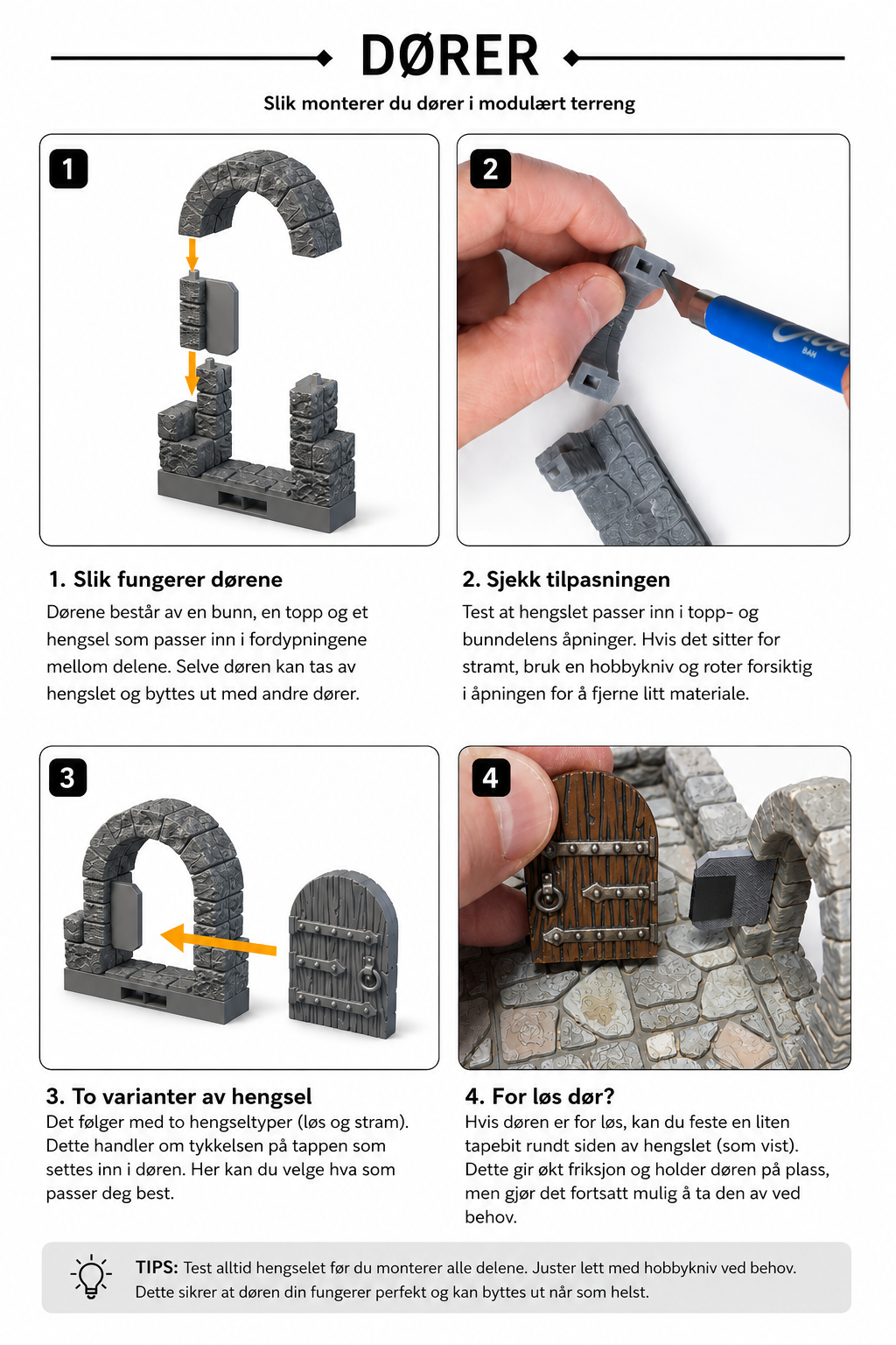 Modulær dungeon-dør med ramme, hengsel og avtakbar dør i grå PLA til D&D og tabletop-rollespill.