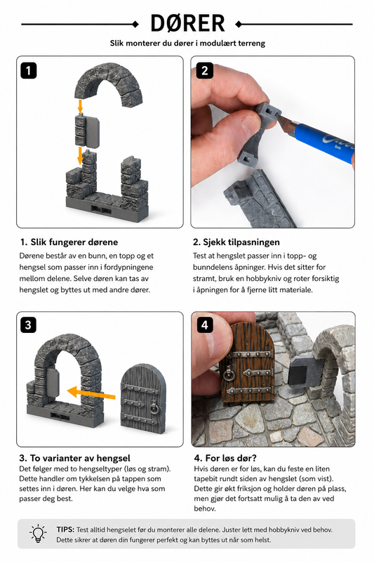 Modulær dungeon-dør med ramme, hengsel og avtakbar dør i grå PLA til D&D og tabletop-rollespill.