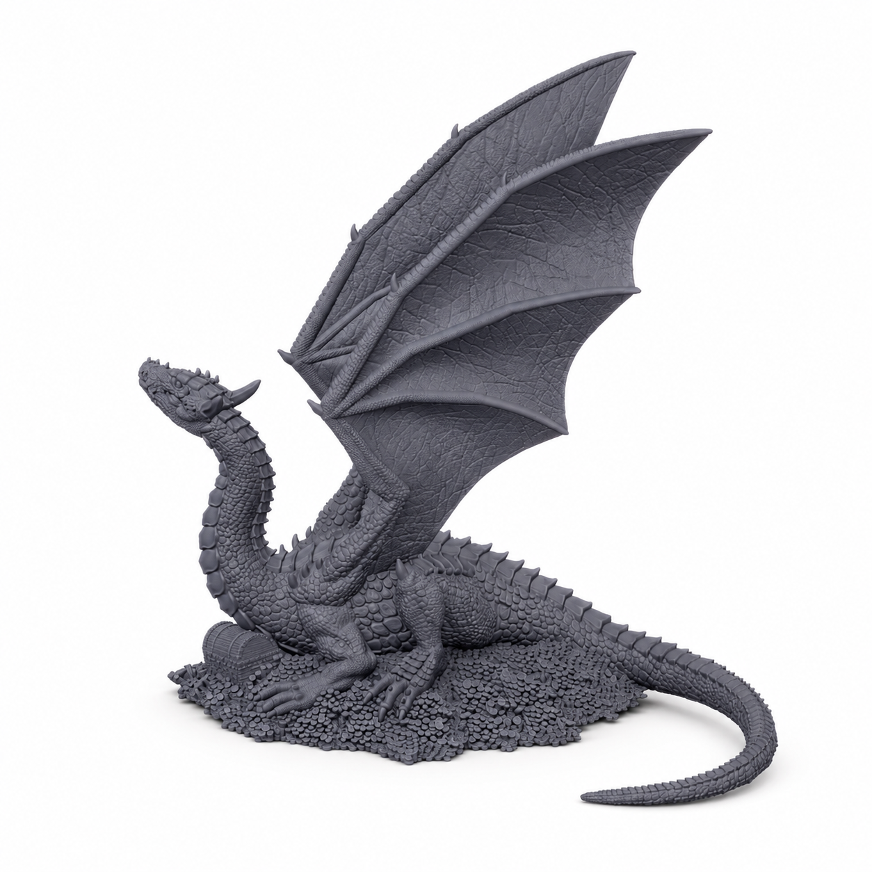 3D-printet Drage – skattens vokter med utstrakte vinger, lang hale og skattbase i grå PLA til D&D og tabletop-rollespill.
