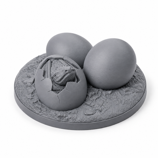 3D-printet drage-egg i grå PLA til D&D og tabletop-rollespill.