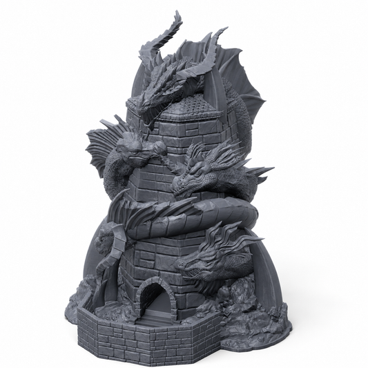 3D-printet terningtårn med steintårn, borgmur og flere dragehoder i grå PLA til D&D, Pathfinder og tabletop-rollespill.