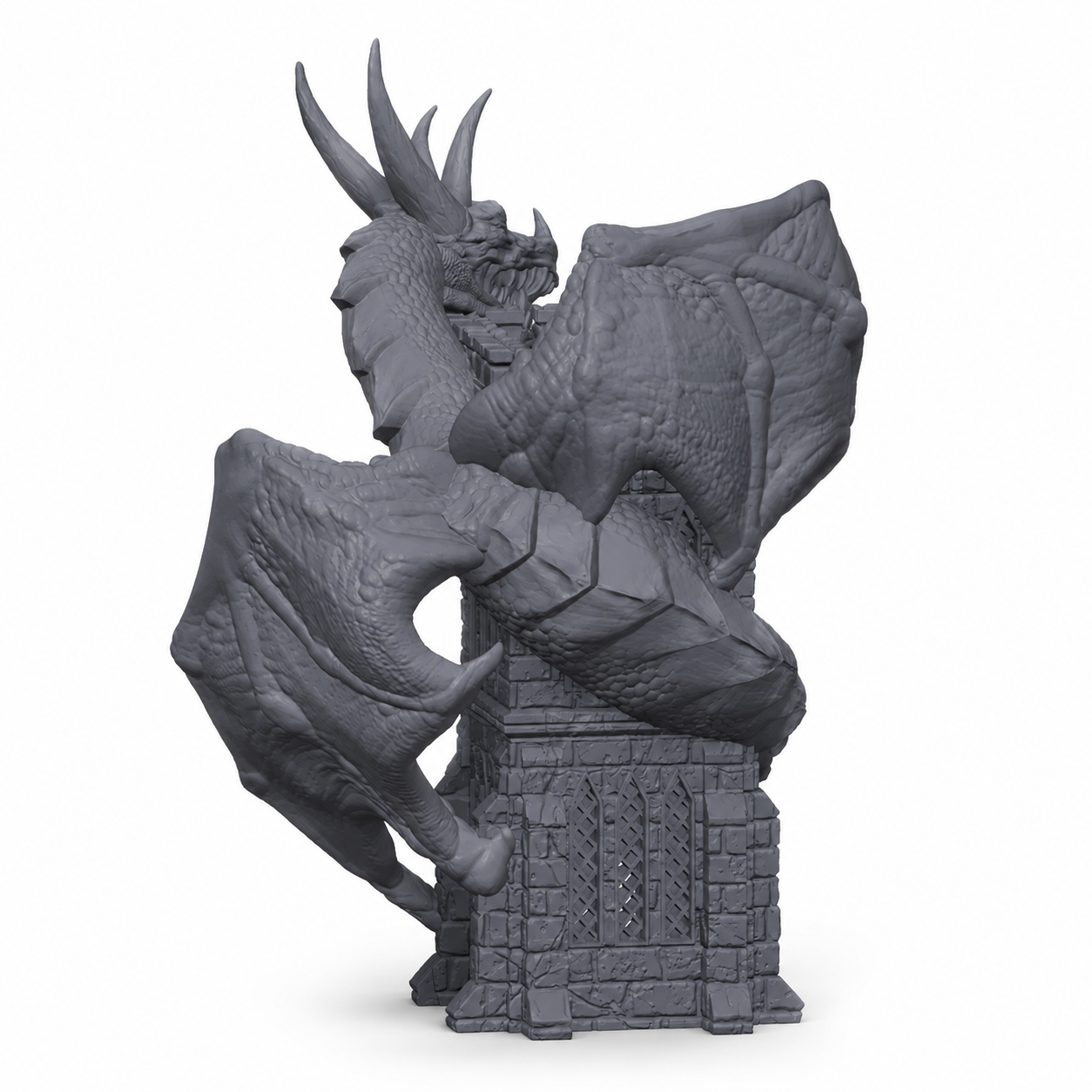 3D-printet Dragevokterens tårn med drage rundt steintårn i grå PLA til D&D og tabletop-rollespill.
