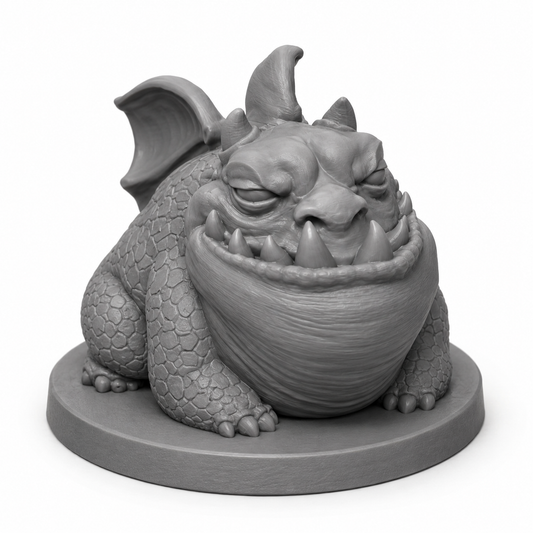3D-printet Dragon Wyrmling II ung drage i grå PLA til D&D og tabletop-rollespill.