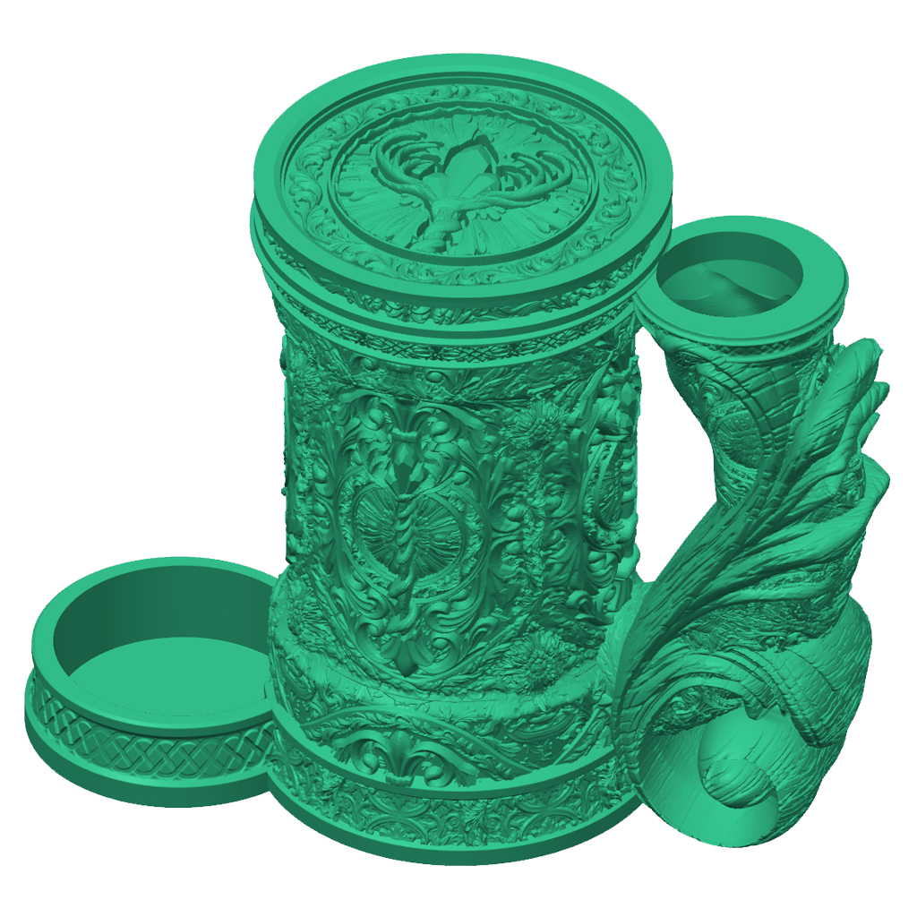 3D-printet grønt Druid eventyrkrus med naturinspirert design, skrulokk og integrert dice tower til D&D og tabletop-rollespill.