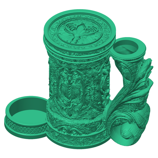 3D-printet grønt Druid eventyrkrus med naturinspirert design, skrulokk og integrert dice tower til D&D og tabletop-rollespill.