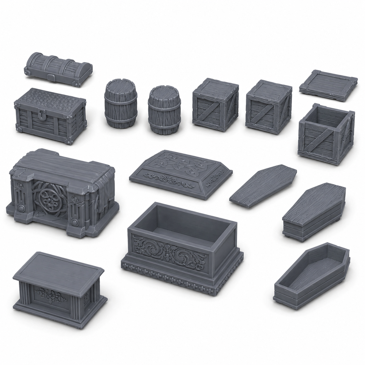3D-printet dungeon-rekvisitter-terrengsett med altere, skattekiste, tønner, trekasser og gravkiste med lokk i grå PLA til D&D og tabletop-rollespill.