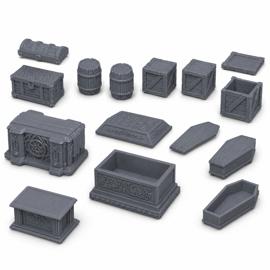 3D-printet dungeon-rekvisitter-terrengsett med altere, skattekiste, tønner, trekasser og gravkiste med lokk i grå PLA til D&D og tabletop-rollespill.