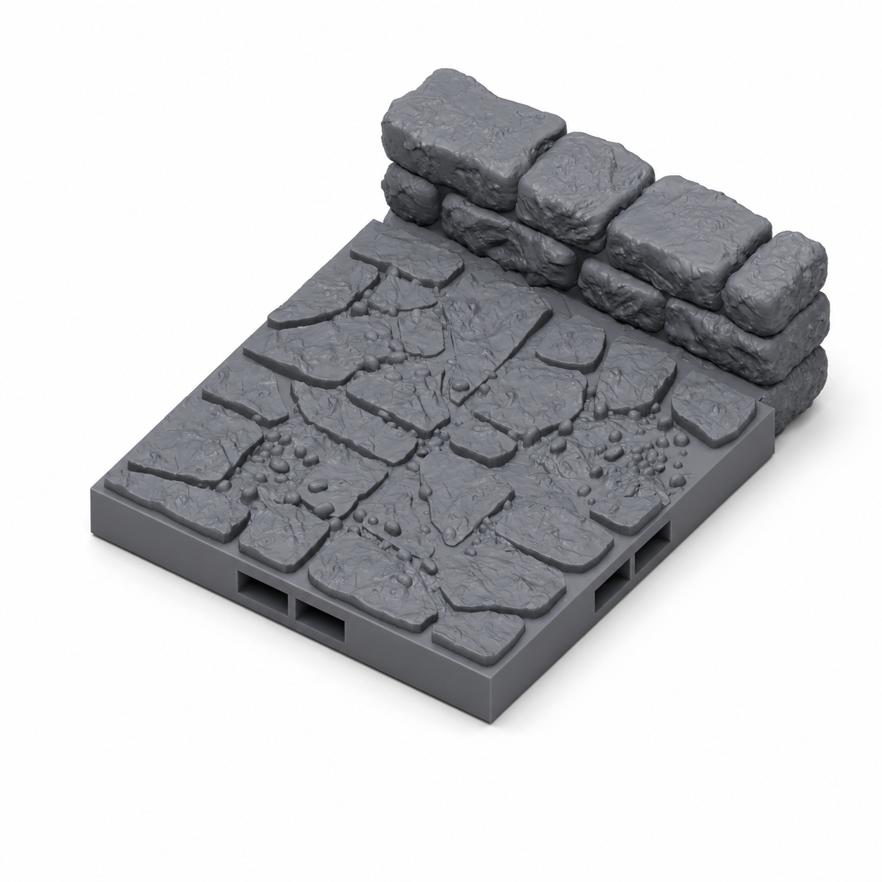 3D-printede rette veggmoduler med gulvbase til modulært dungeon-terreng i grå PLA til D&D.
