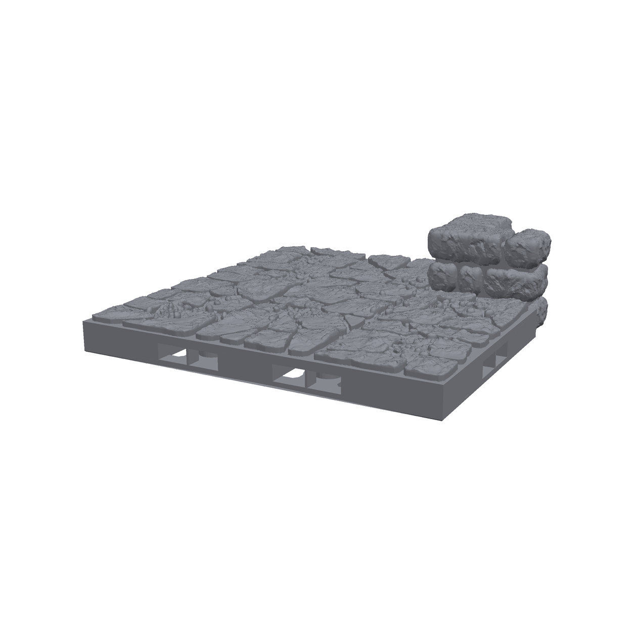 3D-printet innvendig hjørnemodul 3x3 til modulært dungeon-terreng i grå PLA+