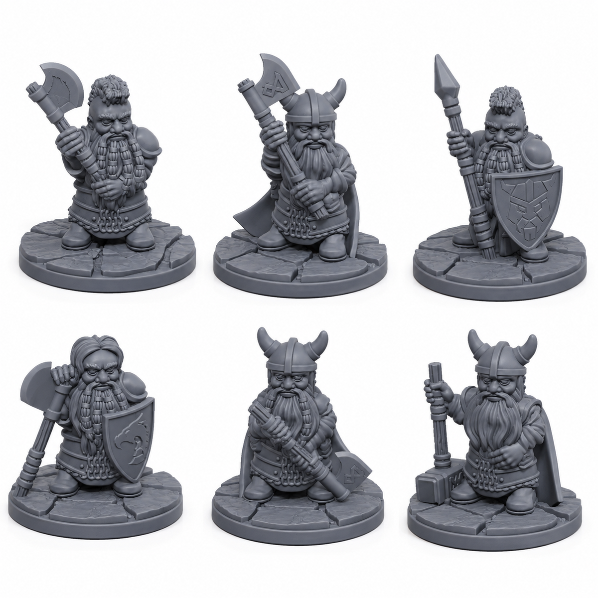 3D-printet sett med seks dvergkrigere med økser, spyd, skjold og rustningsdetaljer i grå PLA til D&D og Pathfinder.