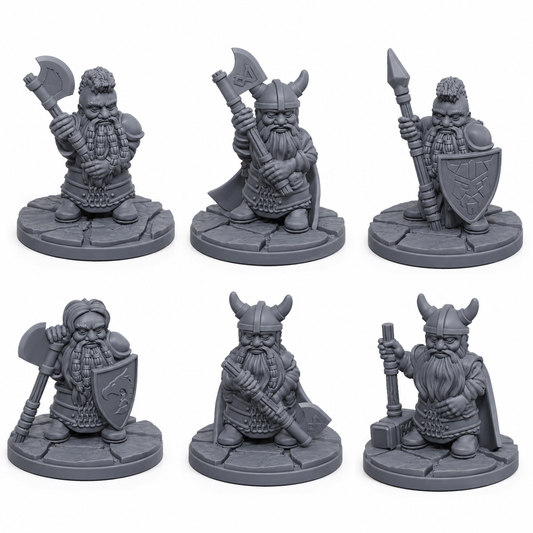 3D-printet Dverger I miniatyrsett i grå PLA til D&D og tabletop-rollespill.