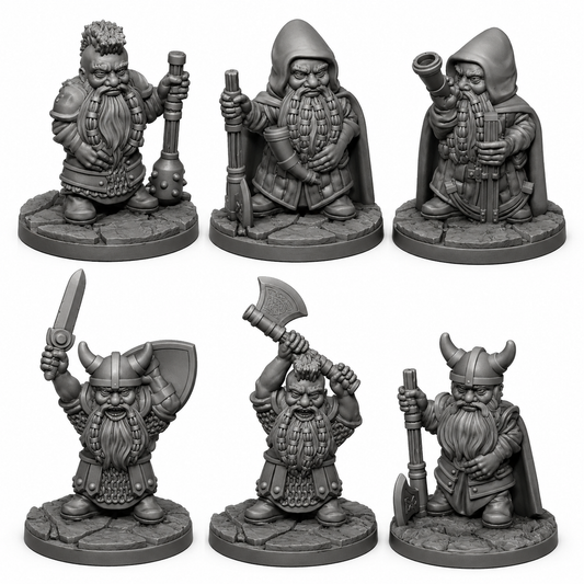 3D-printet Dverger II miniatyrsett i grå PLA til D&D og tabletop-rollespill.