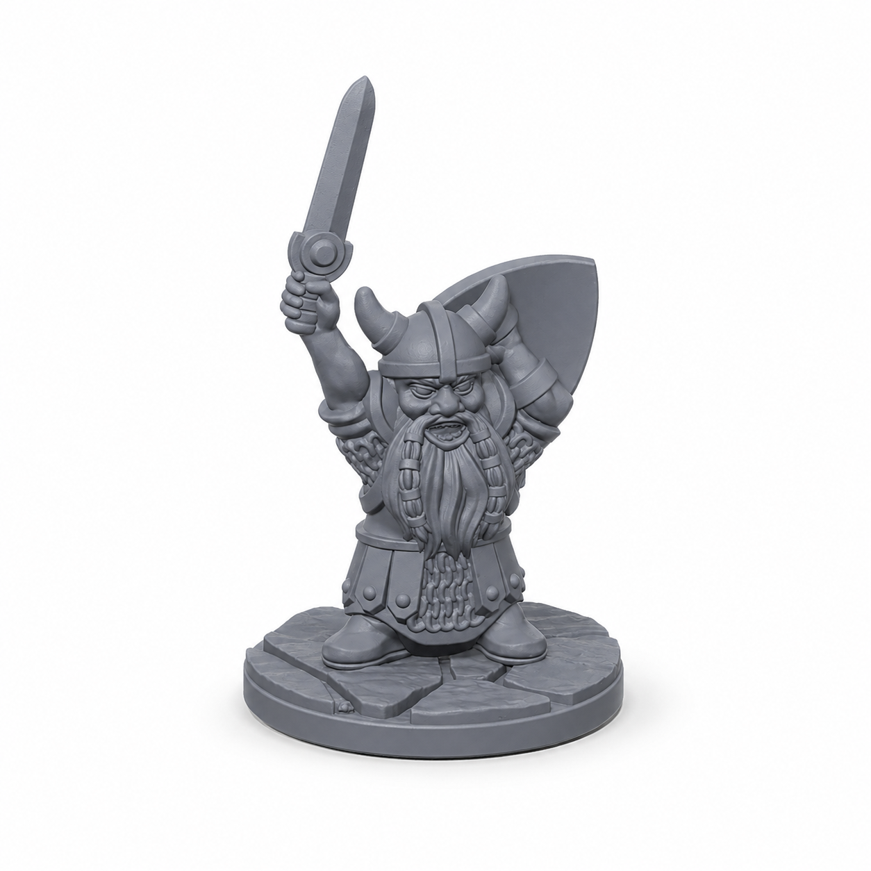 3D-printet Dvergkriger VII med løftet sverd, skjold, hornhjelm og steinbase i grå PLA til D&D og tabletop-rollespill.