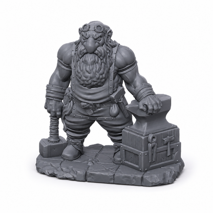 3D-printet Dvergsmed med hammer, ambolt og verkstedutstyr i grå PLA til D&D og tabletop-rollespill.