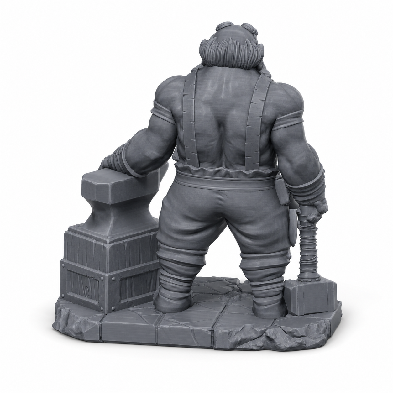 3D-printet Dvergsmed med hammer, ambolt og verkstedutstyr i grå PLA til D&D og tabletop-rollespill.