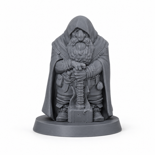 3D-printet Dvergutforsker II med hette, kappe og våpen i grå PLA til D&D og fantasy-rollespill.