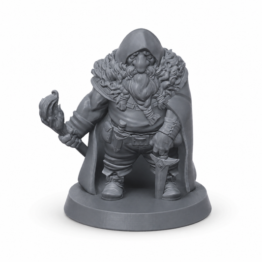 3D-printet Dvergutforsker III med hette, kappe og skjegg i grå PLA til D&D og tabletop-rollespill.