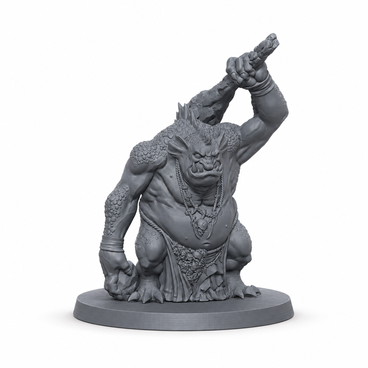 3D-printet Elvetroll med hevet klubbe og brutal trollpositur i grå PLA til D&D og tabletop-rollespill.