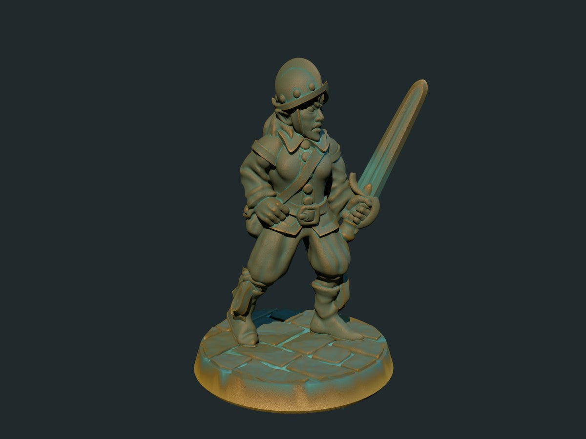 Tre kvinnelige alvekrigere: leiesoldat, minstrel og hellebardkjemper, 3D-printet D&D-miniatyrsett fra Spillsmia.