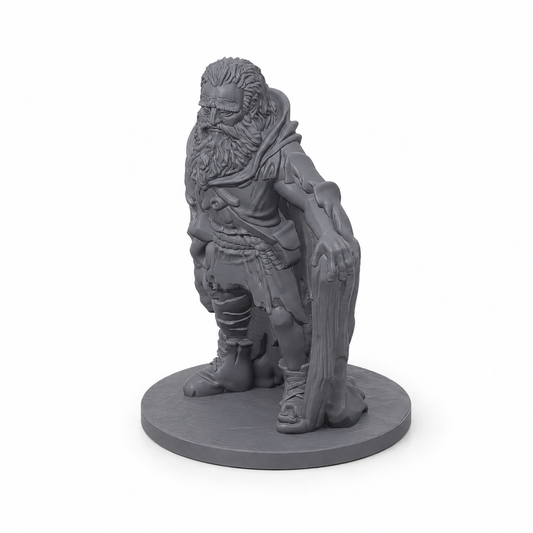 3D-printet fattig vandrer med slitte klær, skjegg og tung holdning i grå PLA til D&D og tabletop-rollespill.
