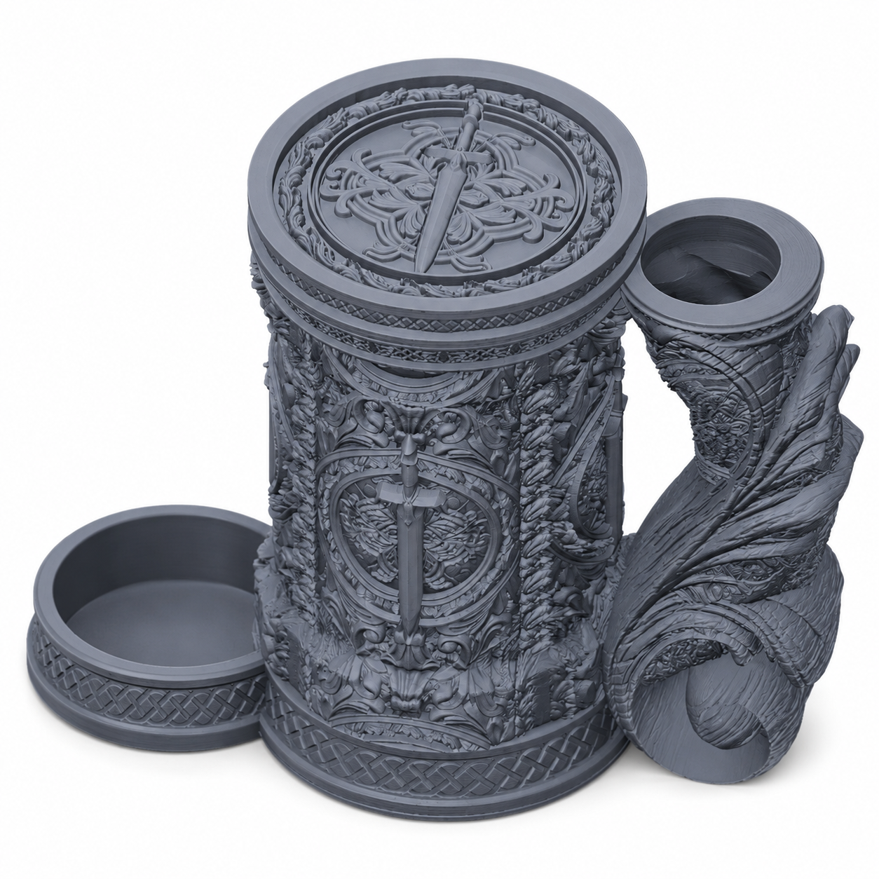3D-printet grått Fighter eventyrkrus med sverd-design, skrulokk og integrert dice tower til D&D og tabletop-rollespill.