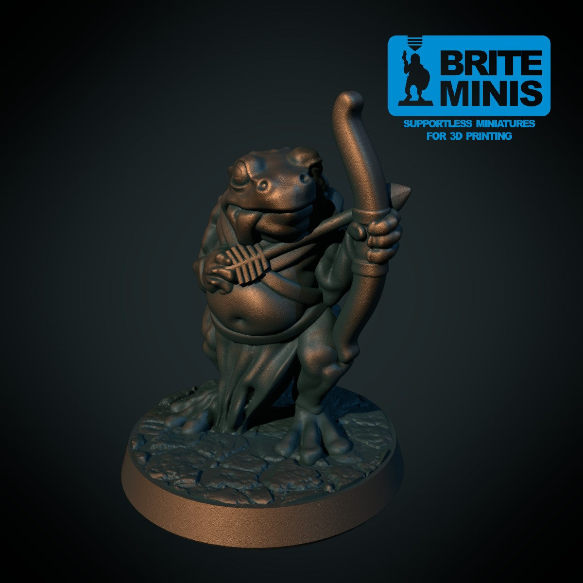 Fire froskefolk: bueskytter, sjaman, spydkjemper og øksekjemper, 3D-printet D&D-miniatyrsett fra Spillsmia.