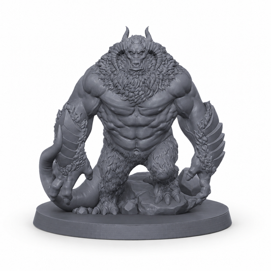 3D-printet Gazhan demonisk boss med horn, klør og massiv kropp i grå PLA til D&D og tabletop-rollespill.