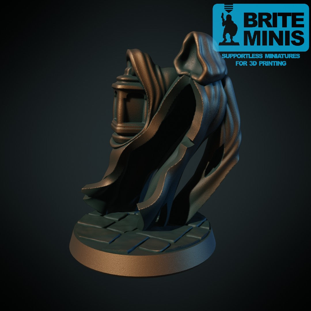 3D-printet spøkelse med lanterne, vandød skikkelse med glødende lys i grå PLA til D&D og Pathfinder.