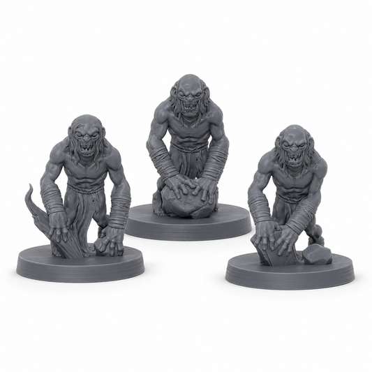 3D-printet Ghouls miniatyrsett med tre krypende undead-fiender i grå PLA til D&D og tabletop-rollespill.