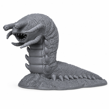 3D-printet massiv huleorm med gapende kjeft og pansret kropp i grå PLA til D&D og Pathfinder.