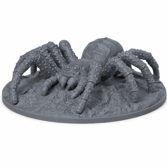3D-printet Giant Spider monsterminiatyr i grå PLA til D&D og tabletop-rollespill.