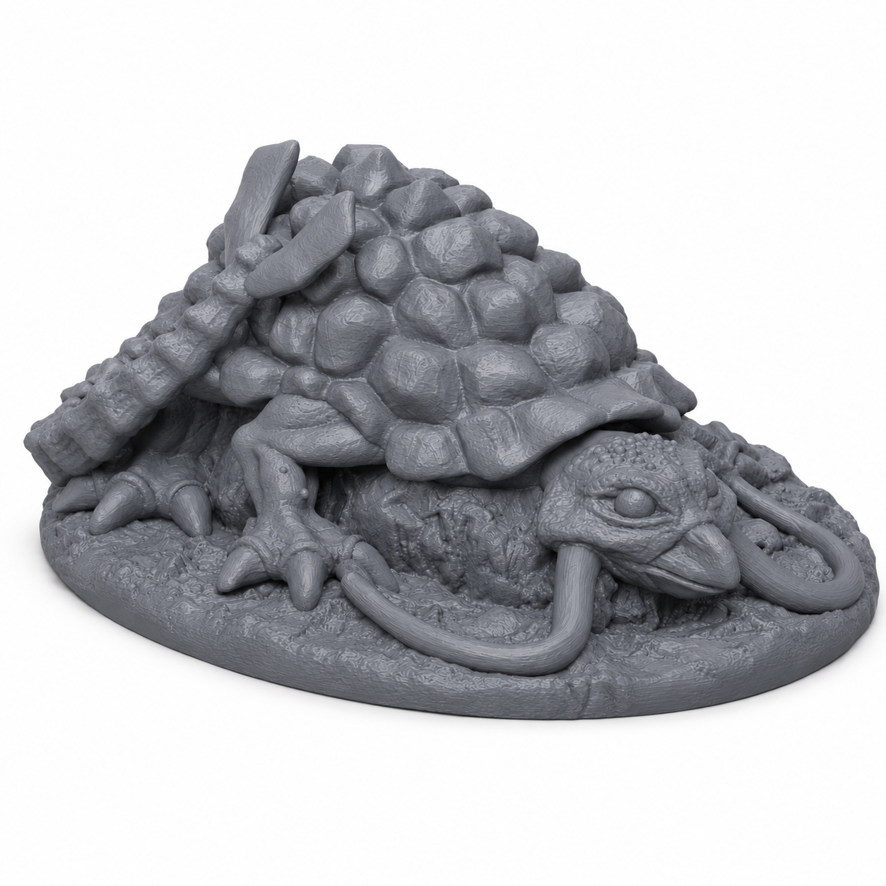 3D-printet Kjempeskilpadde monsterminiatyr i grå PLA til D&D og tabletop-rollespill.