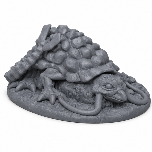 3D-printet Kjempeskilpadde monsterminiatyr i grå PLA til D&D og tabletop-rollespill.