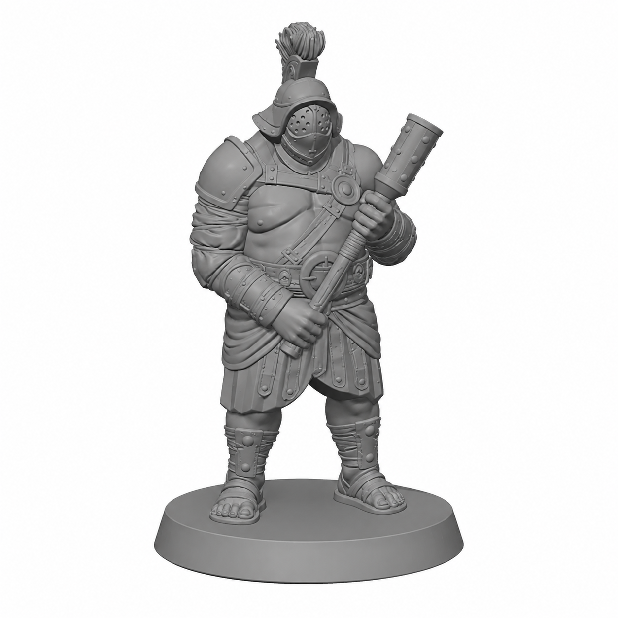 3D-printet Gladiator I med klubbe i grå PLA til D&D og tabletop-rollespill.