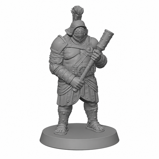 3D-printet Gladiator I med klubbe i grå PLA til D&D og tabletop-rollespill.
