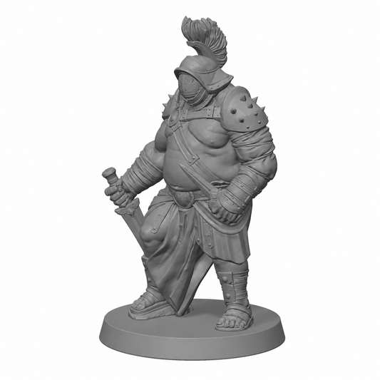 3D-printet Gladiator III arena-kjemper i grå PLA til D&D og tabletop-rollespill.