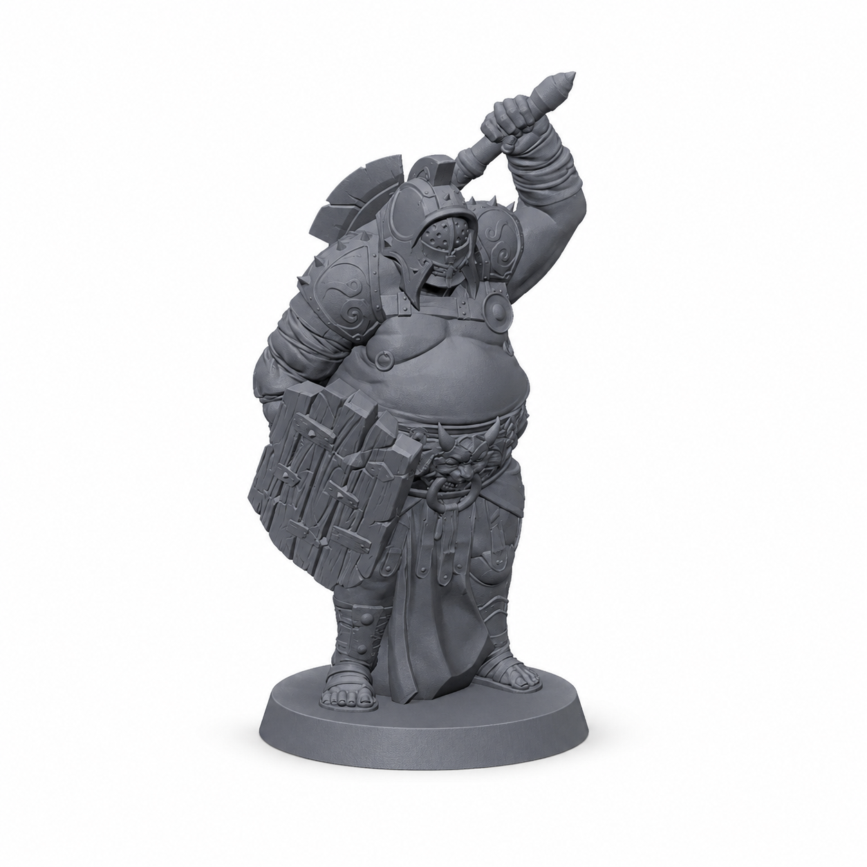 3D-printet Gladiator IV arena-boss med skjold og løftet våpen i grå PLA til D&D og tabletop-rollespill.
