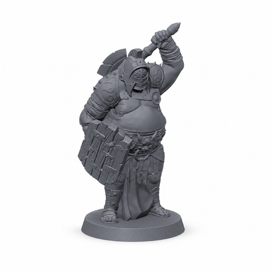 3D-printet Gladiator IV arena-boss med skjold og løftet våpen i grå PLA til D&D og tabletop-rollespill.