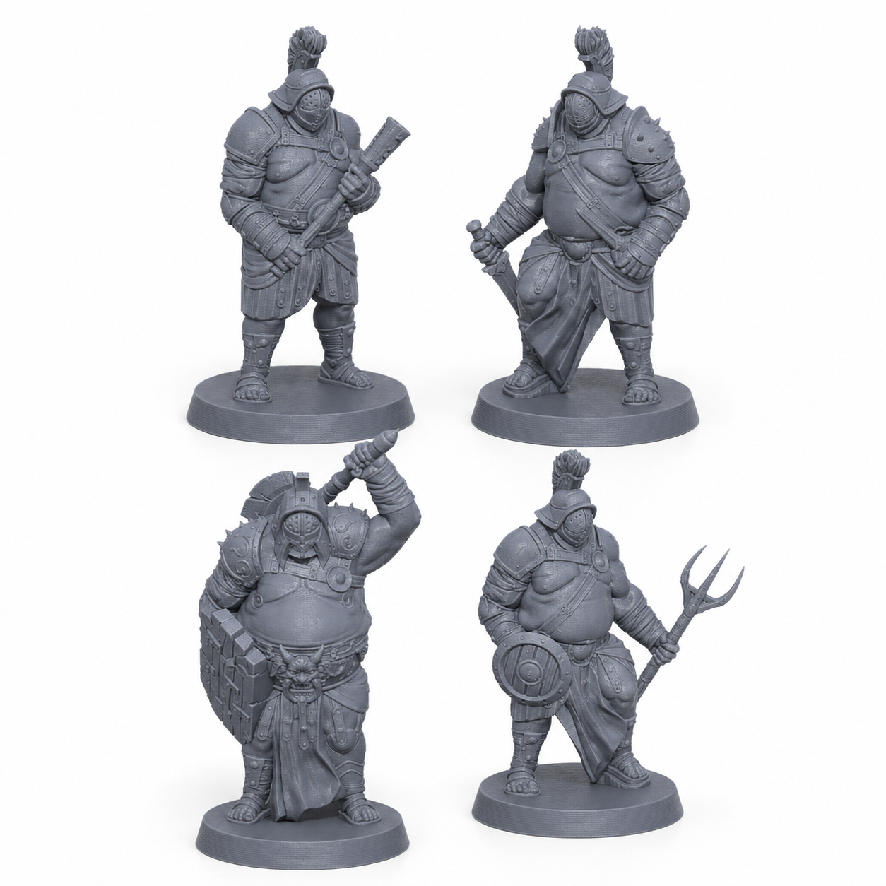 3D-printet gladiator-sett med fire arena-kjempere i grå PLA til D&D og tabletop-rollespill.
